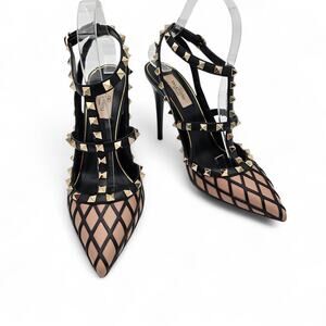 Valentino Garavani Rockstud Cage Heel Sandal Black Nude Leather Size 39.5 US 9.5